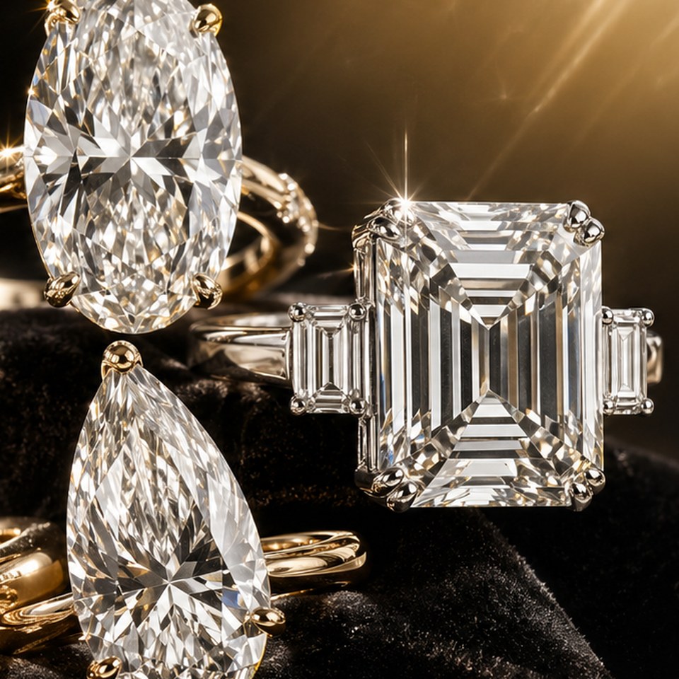 Emerald cut diamond ring closeup with step-cut facets