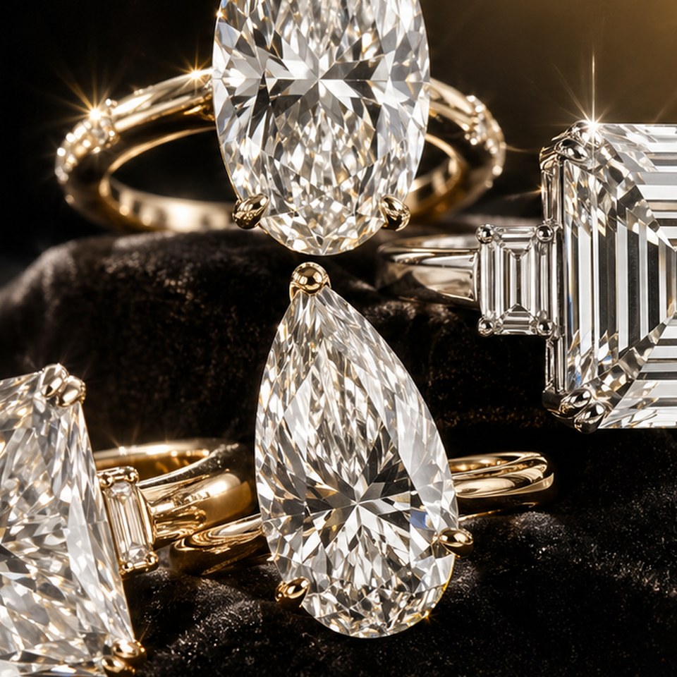 Pear-shaped diamond ring closeup with gold prongs